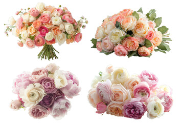 Romantic bouquet, design with roses, peonies, and ranunculus in shades of pink and cream, isolated white background...