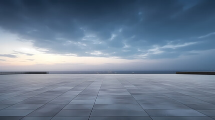 Empty concrete floor, 3D rendering sea view square with clear sky background