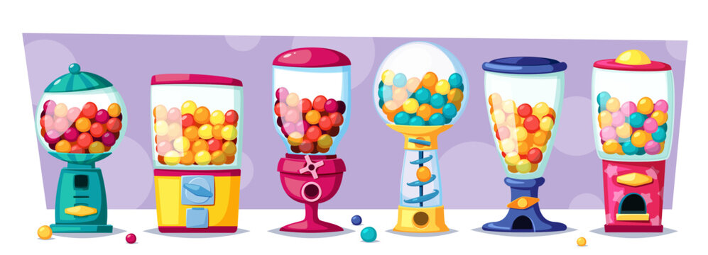 Gumball machine. kids sweets glass capsule dispenser, colorful cartoon minimalistic containers collection, candy bubblegum balls vending machine. vector cartoon flat set of isolated objects.