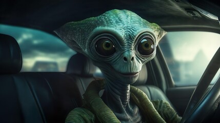 The alien is driving a car through the streets of the city. Strangers among us. Taxi driver in the future.
