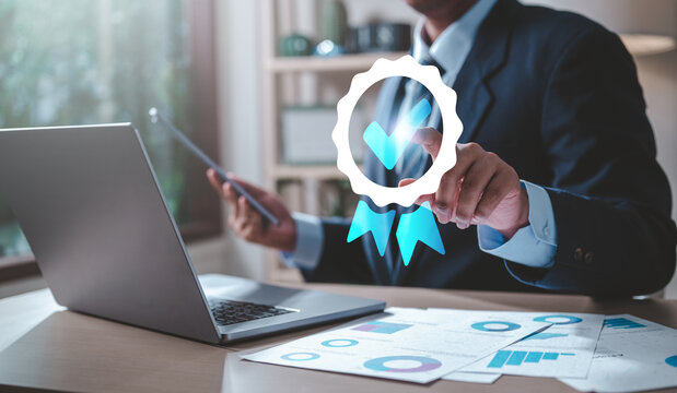 approval, business, certificate, guarantee, management, document, company, manager, marketing, plan. ISO quality control, businessman using tablet for certificate icon for international standard.