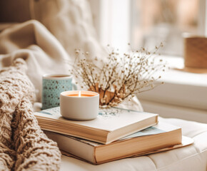 Books and a cup of coffee in a cozy interior in hygge style