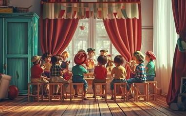 Fototapeta na wymiar Puppet show poster. Kids watching the show on the wooden chairs. Warm light, colorful daycare illustration. AI Generative.