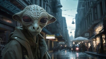 Spooky creepy green alien in human clothes on a city street. The invader spy stranger among us.