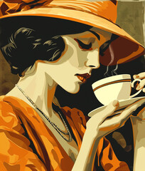 Woman holding a cup of coffee, retro style illustration