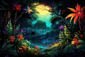 Fototapeta na wymiar Tranquil Night forest jungle dark. Tropical tree. Generate Ai
