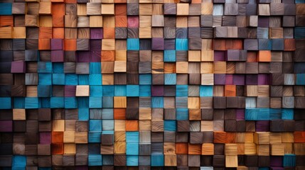 Abstract aged wood art: colorful texture block stack on wall - architectural background