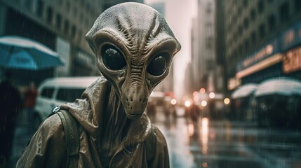 Spooky creepy green alien in human clothes on a city street. The invader spy stranger among us.