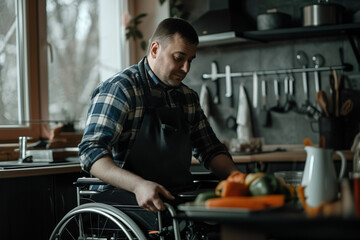 Wheelchair bound Man Preparing Healthy Meal in Kitchen