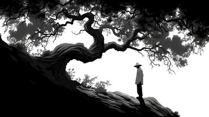 Silhouette of a person near tree, Depressed person. Created with Ai