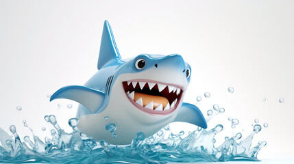 3d funny shark in splashing water on white background