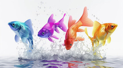 multicolored fishes in splashing water on white background