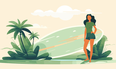 Obraz na płótnie Canvas girl standing near a palm tree vector illustration