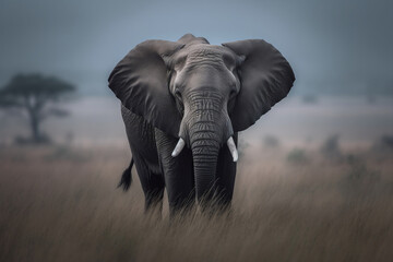 Fototapeta na wymiar AI generated illustration of A solitary African elephant in an open grassland setting