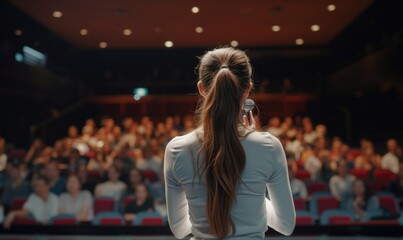 Backview of brunette female long hair with ponytail motivational speaker or coach in front of her conference meeting audience half turned with microphone in her hand