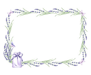 Watercolor horizontal frame from purple lavender flowers with green intertwined leaves. Template from nature herbs with copy space. Isolated hand drawn illustration for invitation, card, textile, tile