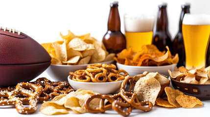 Chips, salty snacks, football and Beer on a table, assorted chips and pretzels in bowls