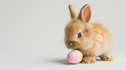Cute happy smiling baby bunny rabbit white egg isolated on a white background