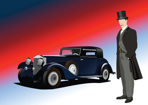 Luxury Old rarity Car and gentleman image. Vector 3d illustration. Hand drawn illustration