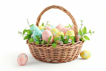Happy Easter Eggs Basket bubbly. Bunny in flower easter Garden fresh bloom decoration Garden. Cute hare 3d Tail easter rabbit spring illustration. Holy week glamorous card wallpaper hope