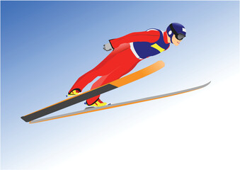Ski Jumping Winter Sports. 3d vector color hand drawn illustration