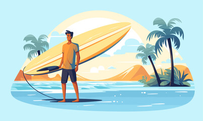 boy with a surfboard standing near a palm tree vector illustration