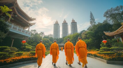 Chinese monks greeting guests near the temple - obrazy, fototapety, plakaty
