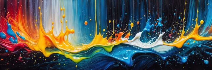 abstract painting of colorful liquid splashing against a black background. The colors include red, orange, yellow, blue, and white