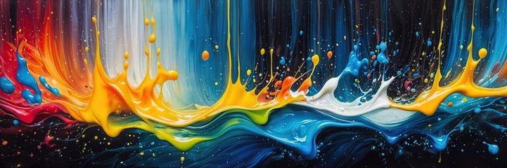 Fotobehang abstract painting of colorful liquid splashing against a black background. The colors include red, orange, yellow, blue, and white © petrovk