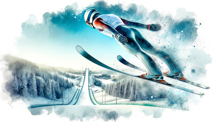 An artistic illustration of a ski jumper mid-flight above a snowy landscape, with a dynamic watercolor splash effect emphasizing movement and winter sports.Sport concept.AI generated. - obrazy, fototapety, plakaty