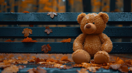 Teddy bear on the bench with leaves. Created with AI