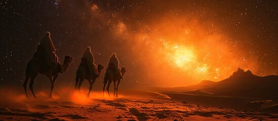 Naklejka premium Camel Caravan: Travelers journeying on camels through the desert.