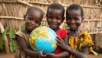 African children with globe in hands.