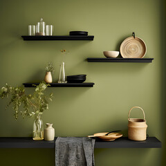 design of kitchen, 
three black shelves on an olive wall with crockery, minimalist style, high-quality photography, and luxury ideas for arranging the space
