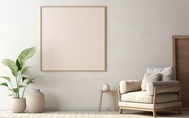 Fototapeta na wymiar Mock up poster frame in modern beige home interior. Minimalistic natural style. Toned peach colors. AI Generative.