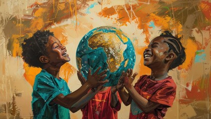 African children with globe in hands.