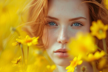girl with freckles, yellow makeup. Face model with yellow makeup. Beauty tips for girls, in the style of serene faces, yellow makeup, subtlety