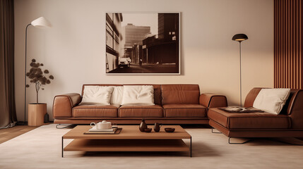 Contemporary Living Room with Leather Sofa and Monochromatic Cityscape Photograph