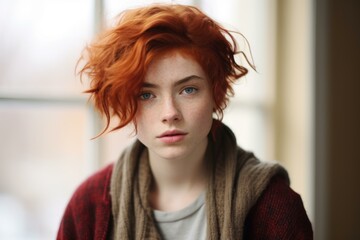 Fototapeta premium Nonbinary red hair person shot. Model happy. Generate Ai