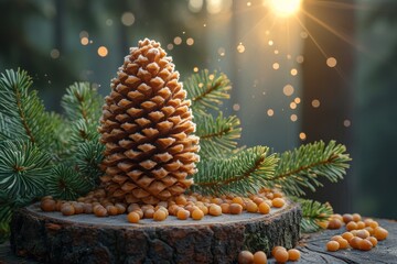 A pine cone and nuts are lying on a stump in the forest. CEDAR cone - Powered by Adobe