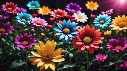 Flowers in the garden, Flowers on a black background, colorful flowers,s and a lens flare, colorful flower background, 