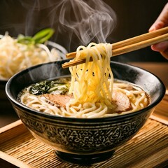 Asian Cuisine - Japanese Ramen or Noodle Soup with Broth and vegetables - Set on a Table with chopsticks