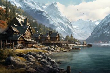 Fototapeta premium Serene Nordic village view. Scenic snow. Generate Ai