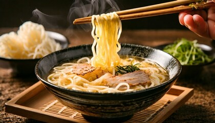 Asian Cuisine - Japanese Ramen or Noodle Soup with Broth and vegetables - Set on a Table with chopsticks