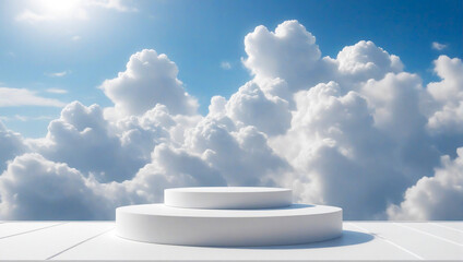 White podium in the clouds against the blue sky. Scene for advertising goods.