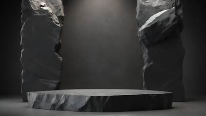 Black podium stone background rock product display dark stand platform abstract stage scene studio.