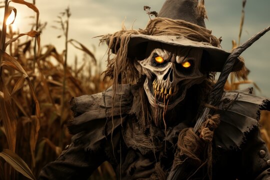 Malevolent Demonic scarecrow. Demon monster grass. Generate Ai