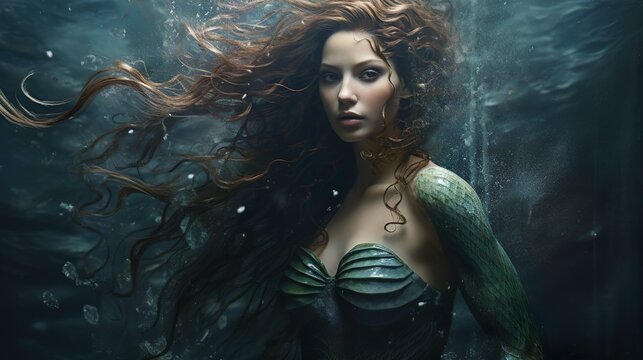 Portrait of a beautiful mermaid siren of the sea. The mermaid swimming underwater in the deep blue sea. Fantasy woman real mermaid. Myth mystic magic fairy tale concept.