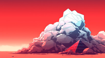 Vibrant red low poly mountain landscape with a pyramid and warm sunset background.