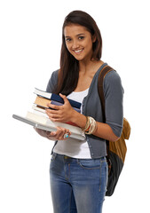 Woman, student and books in studio portrait, ready and textbooks for knowledge on white background. Female person, backpack and smile for studying, education and preparing for university or college